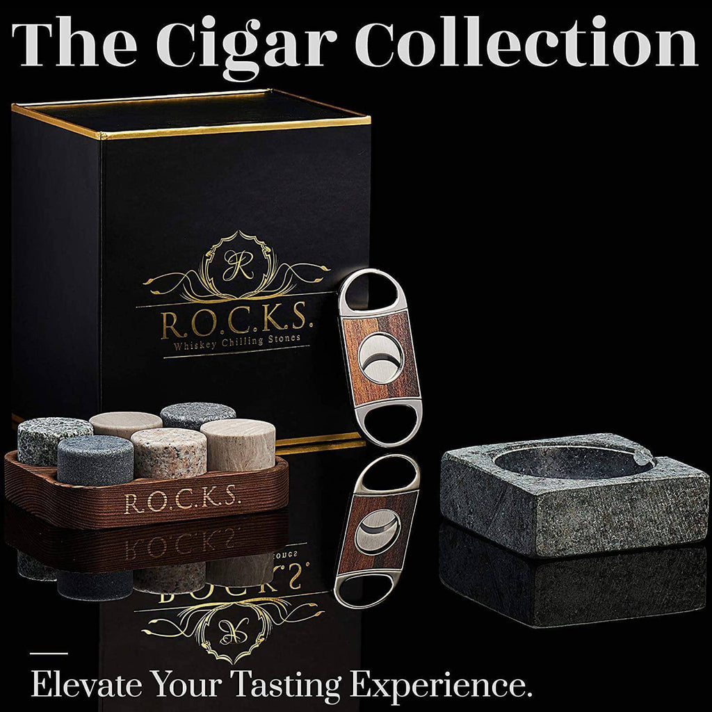 Whiskey Stones Gift Set with Cigar Cutter & Cigar Ashtray by ROCKS